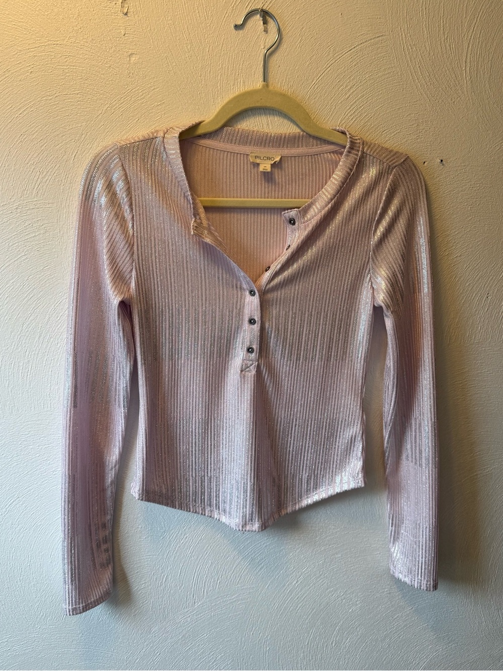 Y2K Pink Shimmer Henley Top coquette Barbiecore Fairycore Glitter Crop Sleaze XS - Picture 2 of 5